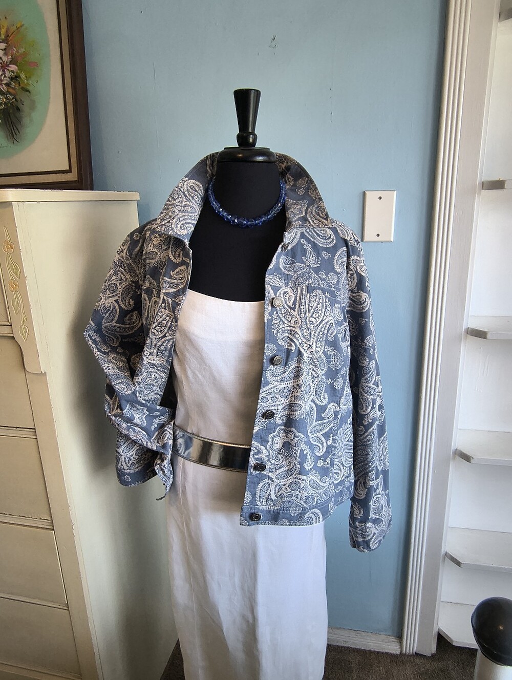 Vtg. Croft & Barrow Stretch Light Blue & White Paisley Print Jean Jacket Size 18